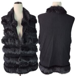 Ming Wang Black Faux Fur Knit Embellished Beaded Tiered Sweater Vest Size Large